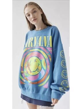 Nirvana Smile Overdyed Sweatshirt Blue L/XL Urban Outfitters OVERSIZED *SEALED*